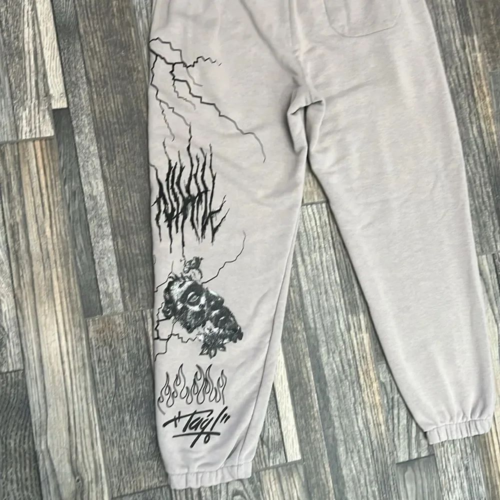 🔥🔥 Y2K MACHINIST Streetwear Brand Graphic Gray Sweatpants Men Size Large - EUC